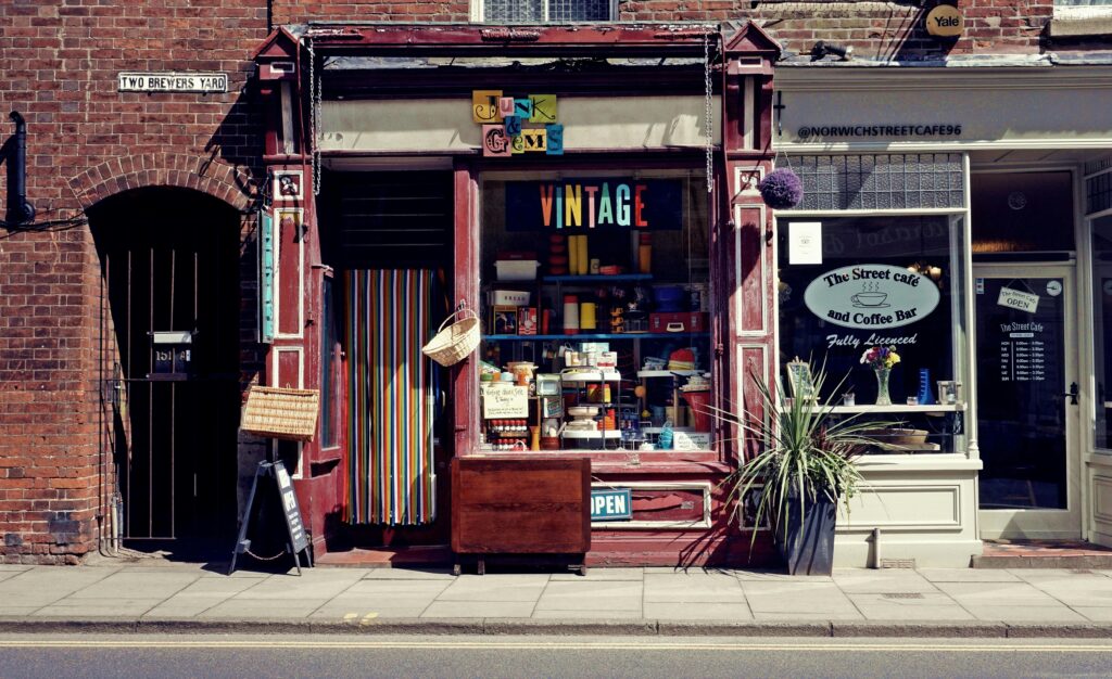 Explore this eye-catching vintage storefront in Norwich, capturing classic urban charm and colorful details.